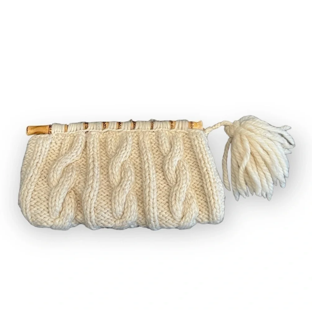 Handmade Wool Cableknit Sweater Bamboo Handle Tassle Clutch Bag Ivory